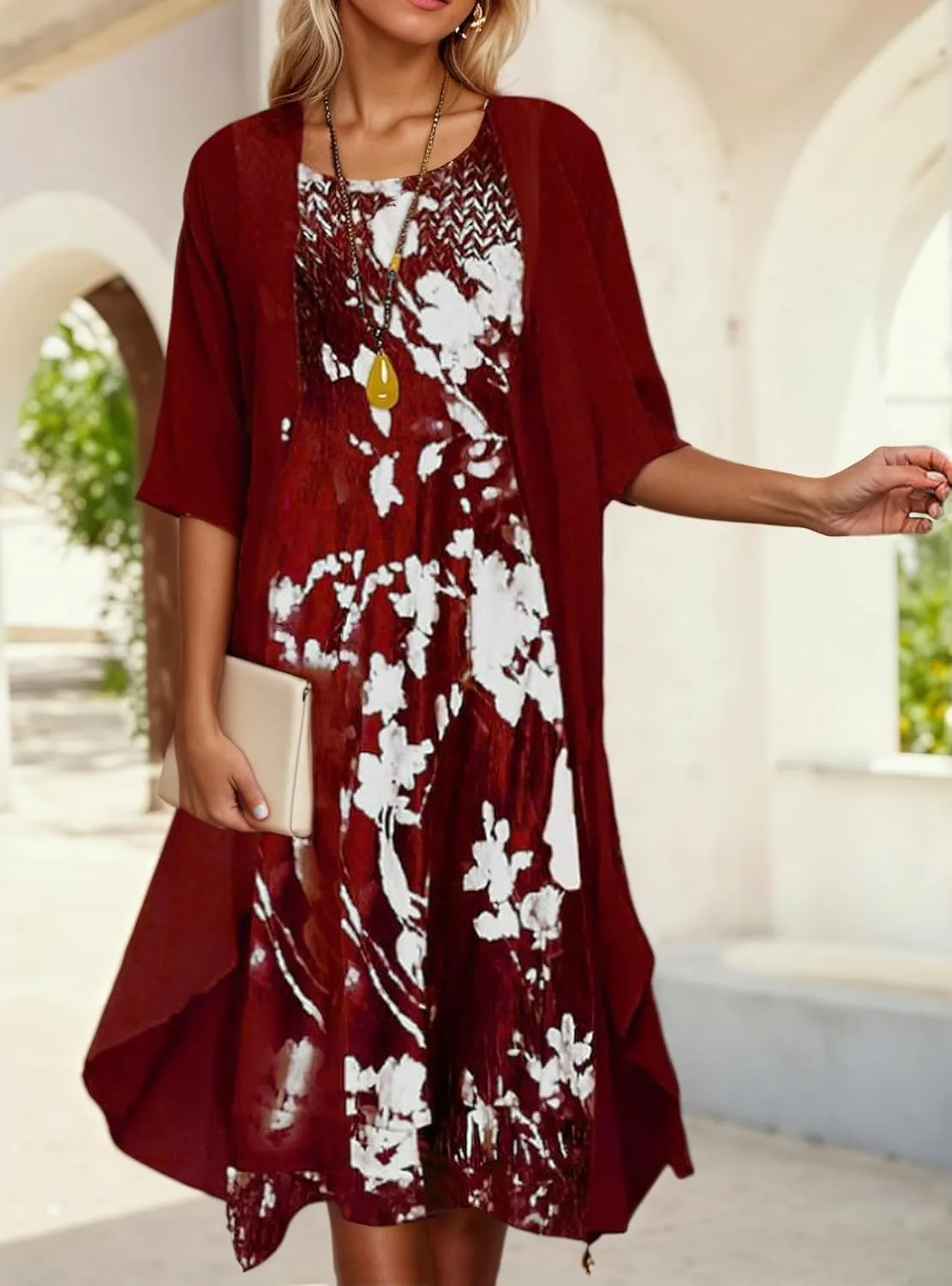 Women's Flowy 2 Piece Sets Boho Floral Print Midi Dress with Chiffon Cardigan Casual Wedding Guest Dresses