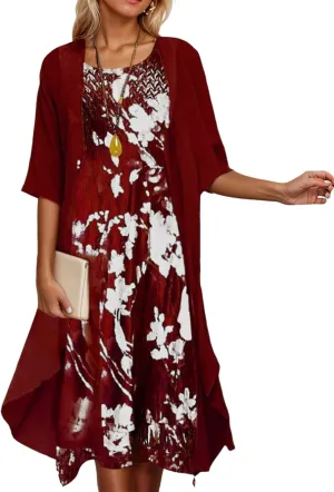 Women's Flowy 2 Piece Sets Boho Floral Print Midi Dress with Chiffon Cardigan Casual Wedding Guest Dresses