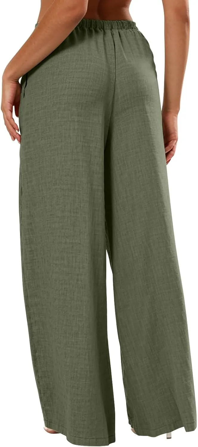 Women's Flowy Wide Leg Linen Pants Casual Beach Pants Elastic Waisted Drawstring Palazzo Trousers with Pockets