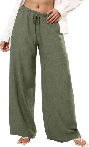 Women's Flowy Wide Leg Linen Pants Casual Beach Pants Elastic Waisted Drawstring Palazzo Trousers with Pockets