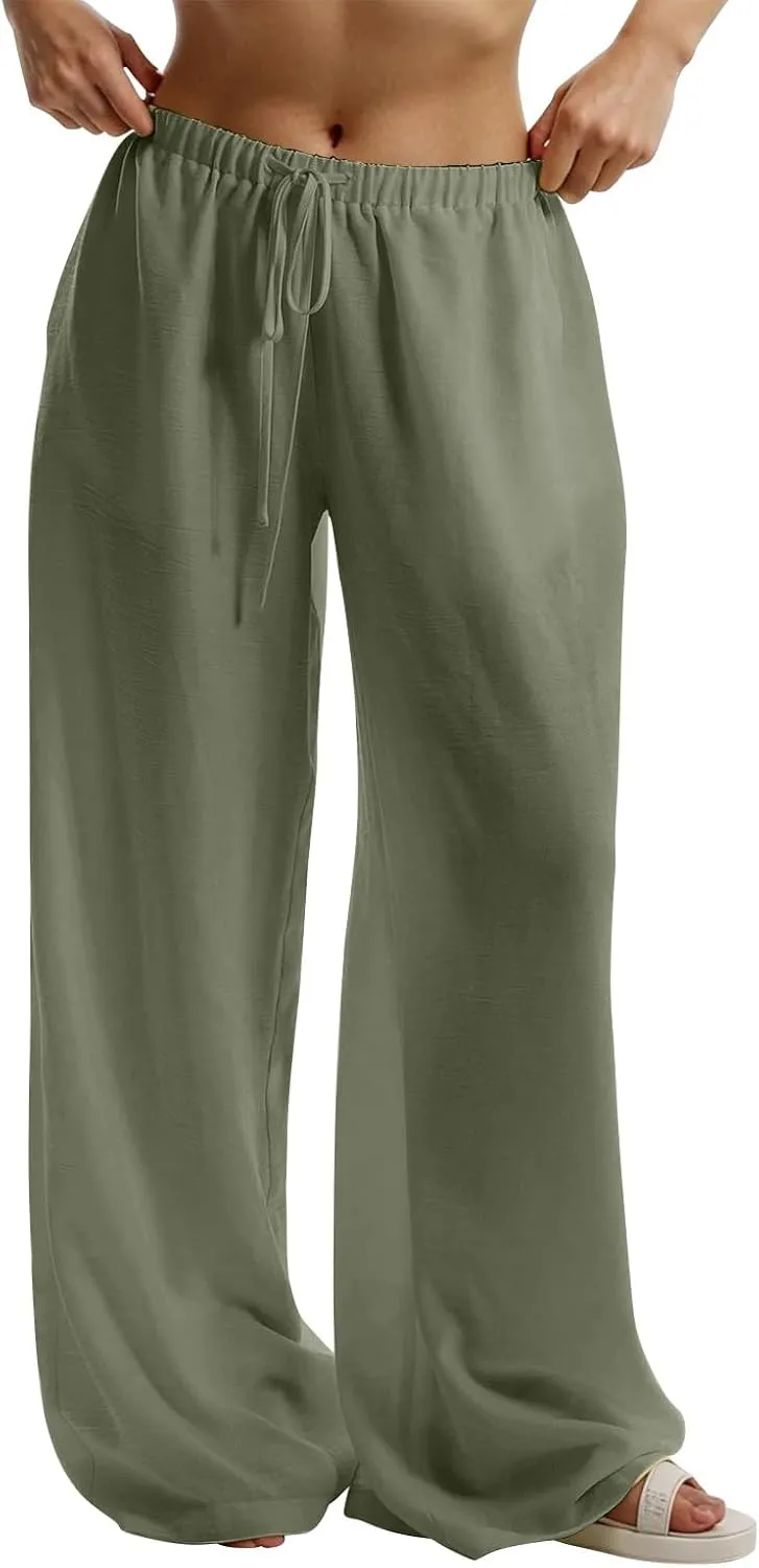 Women's Flowy Wide Leg Linen Pants Casual Beach Pants Elastic Waisted Drawstring Palazzo Trousers with Pockets