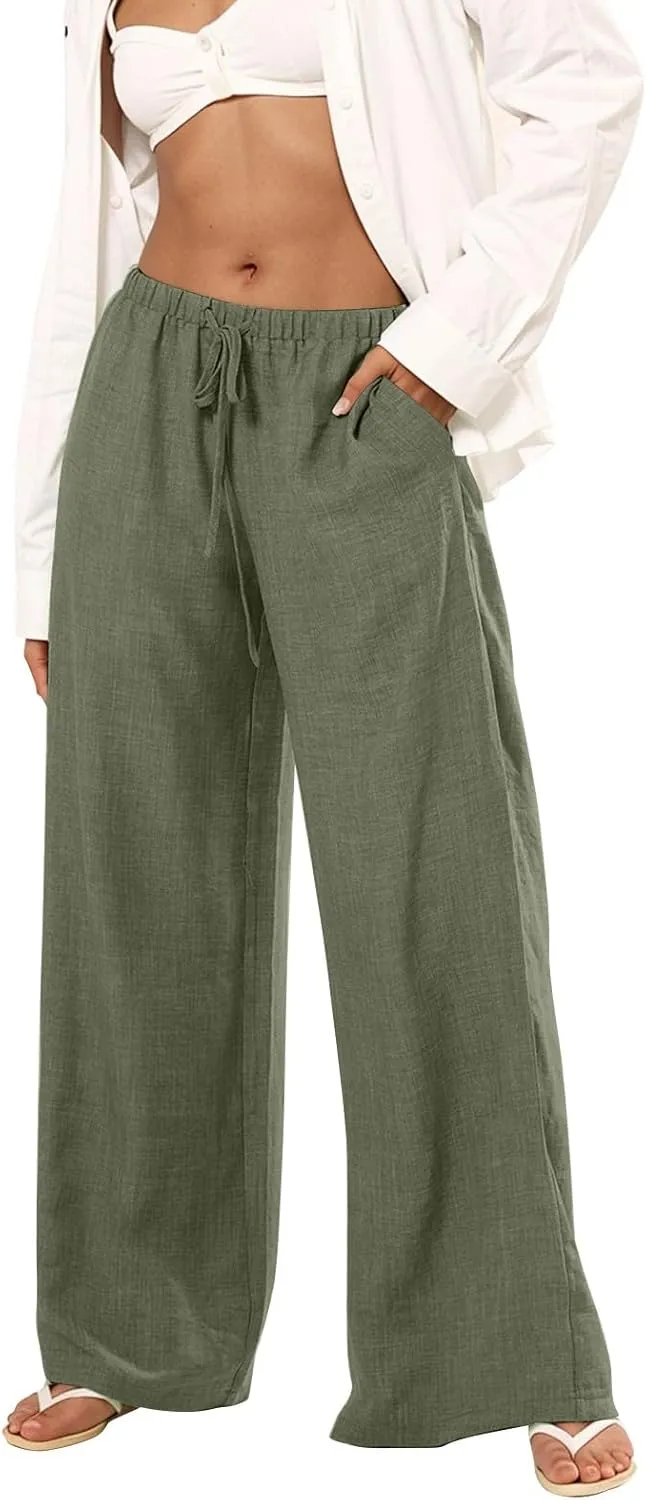 Women's Flowy Wide Leg Linen Pants Casual Beach Pants Elastic Waisted Drawstring Palazzo Trousers with Pockets