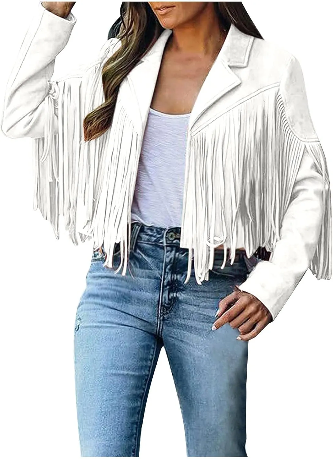 Womens Fringe Faux Suede Leather Jackets Fashion Tassel Motorcycle Cropped Coats Hippie Boyfriend Outwear Moto Coat