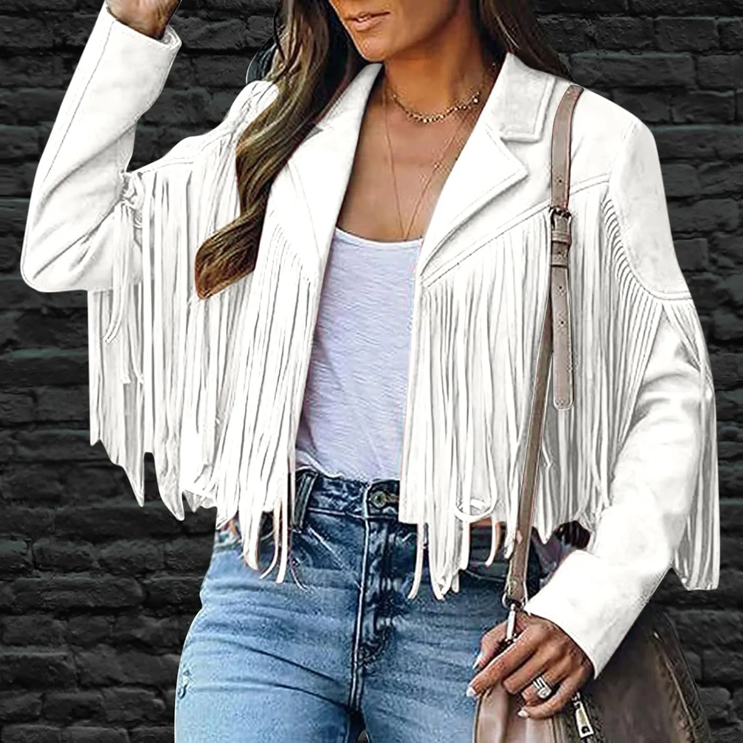 Womens Fringe Faux Suede Leather Jackets Fashion Tassel Motorcycle Cropped Coats Hippie Boyfriend Outwear Moto Coat