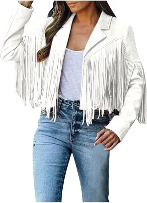 Womens Fringe Faux Suede Leather Jackets Fashion Tassel Motorcycle Cropped Coats Hippie Boyfriend Outwear Moto Coat