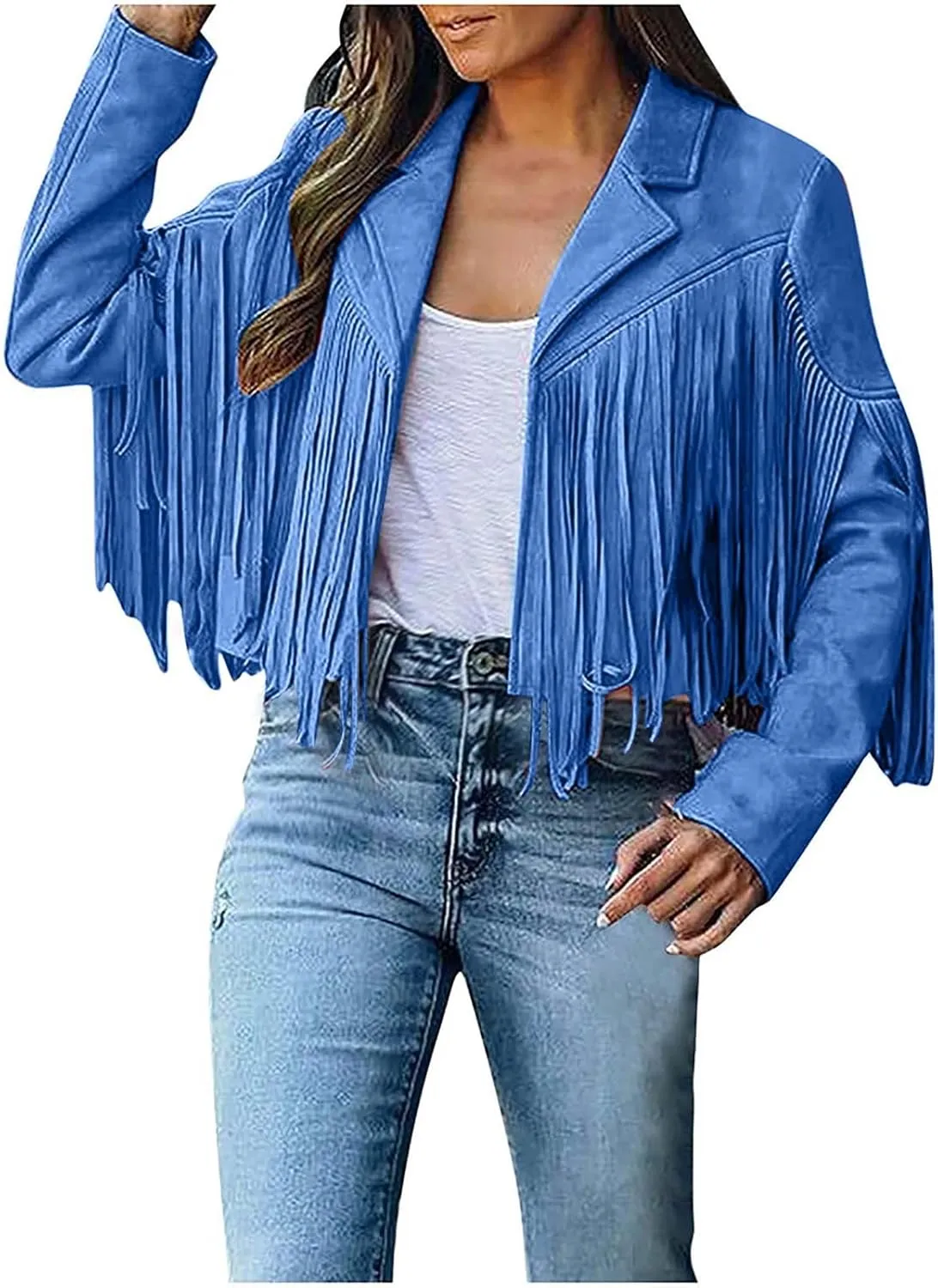 Women's Fringe Faux Suede Leather Jackets Open Front Fashion Tassel Cropped Coat Western Cowboy Jacket Hippie Clothes