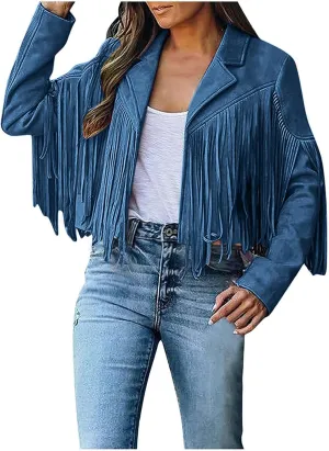 Women's Fringe Faux Suede Leather Jackets Open Front Fashion Tassel Cropped Coat Western Cowboy Jacket Hippie Clothes