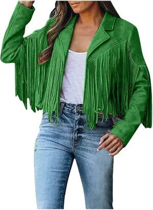 Women's Fringe Faux Suede Leather Jackets Open Front Fashion Tassel Cropped Coat Western Cowboy Jacket Hippie Clothes