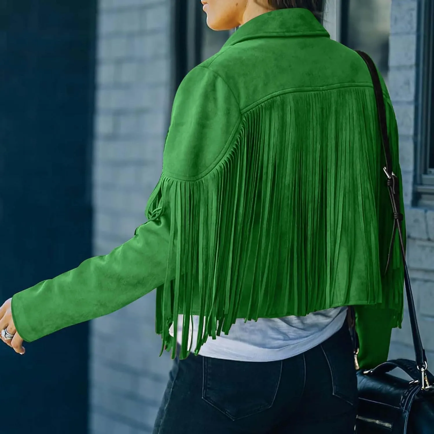 Women's Fringe Faux Suede Leather Jackets Open Front Fashion Tassel Cropped Coat Western Cowboy Jacket Hippie Clothes