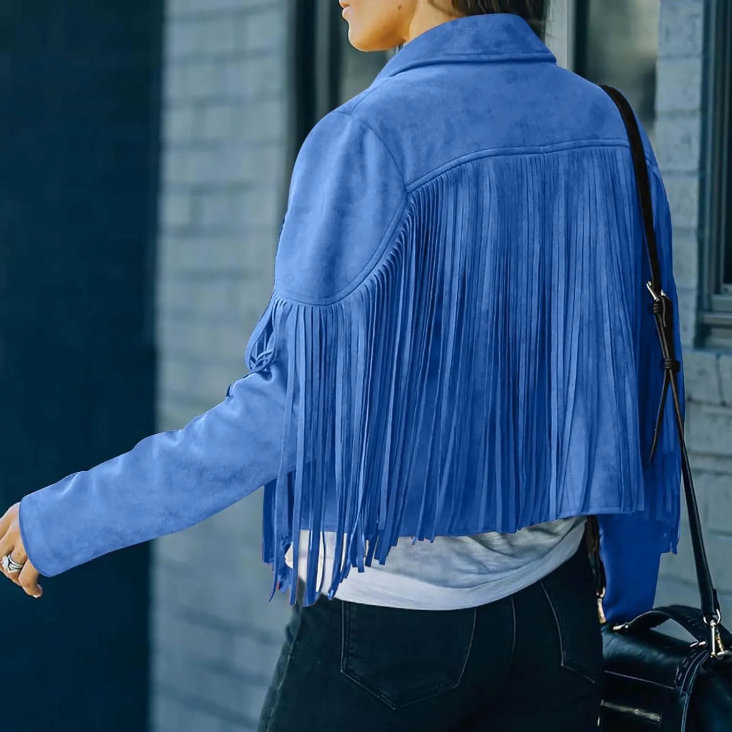 Women's Fringe Faux Suede Leather Jackets Open Front Fashion Tassel Cropped Coat Western Cowboy Jacket Hippie Clothes