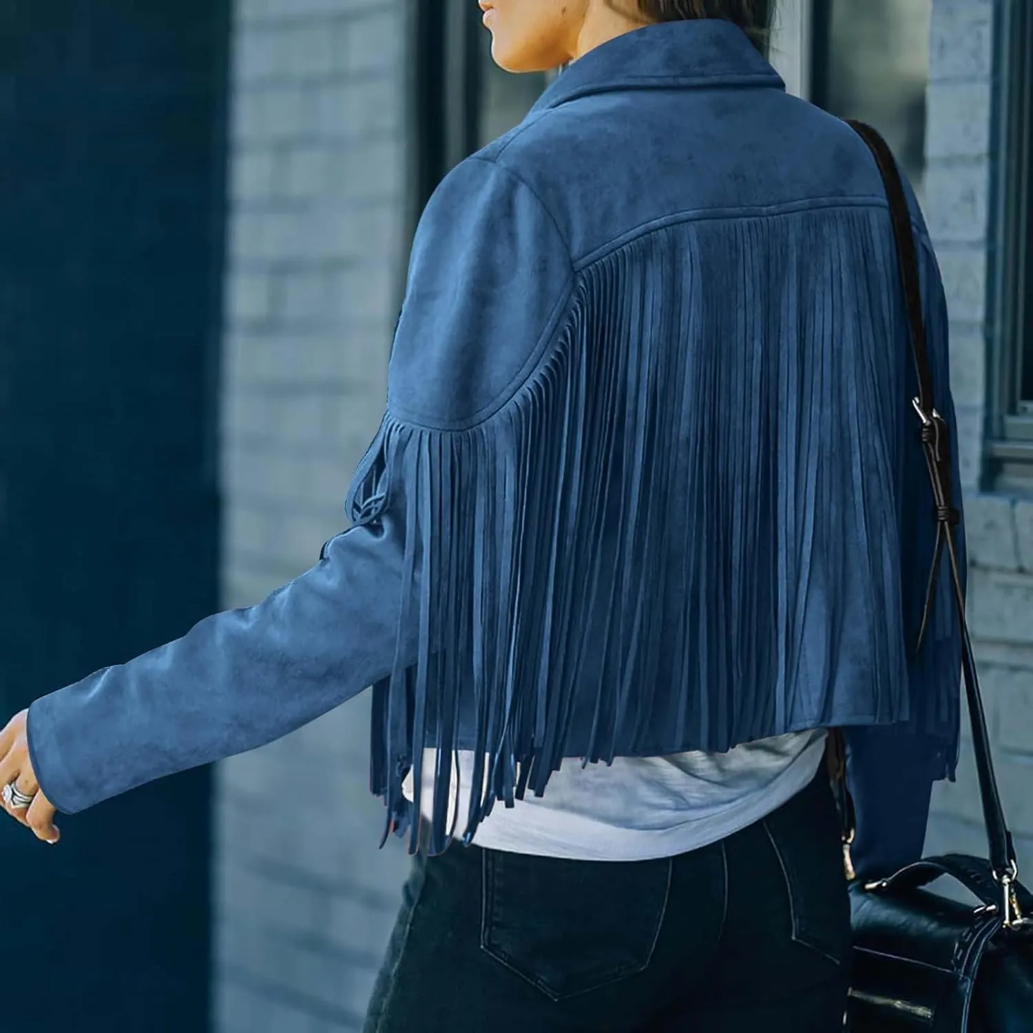 Women's Fringe Faux Suede Leather Jackets Open Front Fashion Tassel Cropped Coat Western Cowboy Jacket Hippie Clothes