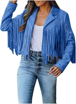 Women's Fringe Faux Suede Leather Jackets Open Front Fashion Tassel Cropped Coat Western Cowboy Jacket Hippie Clothes