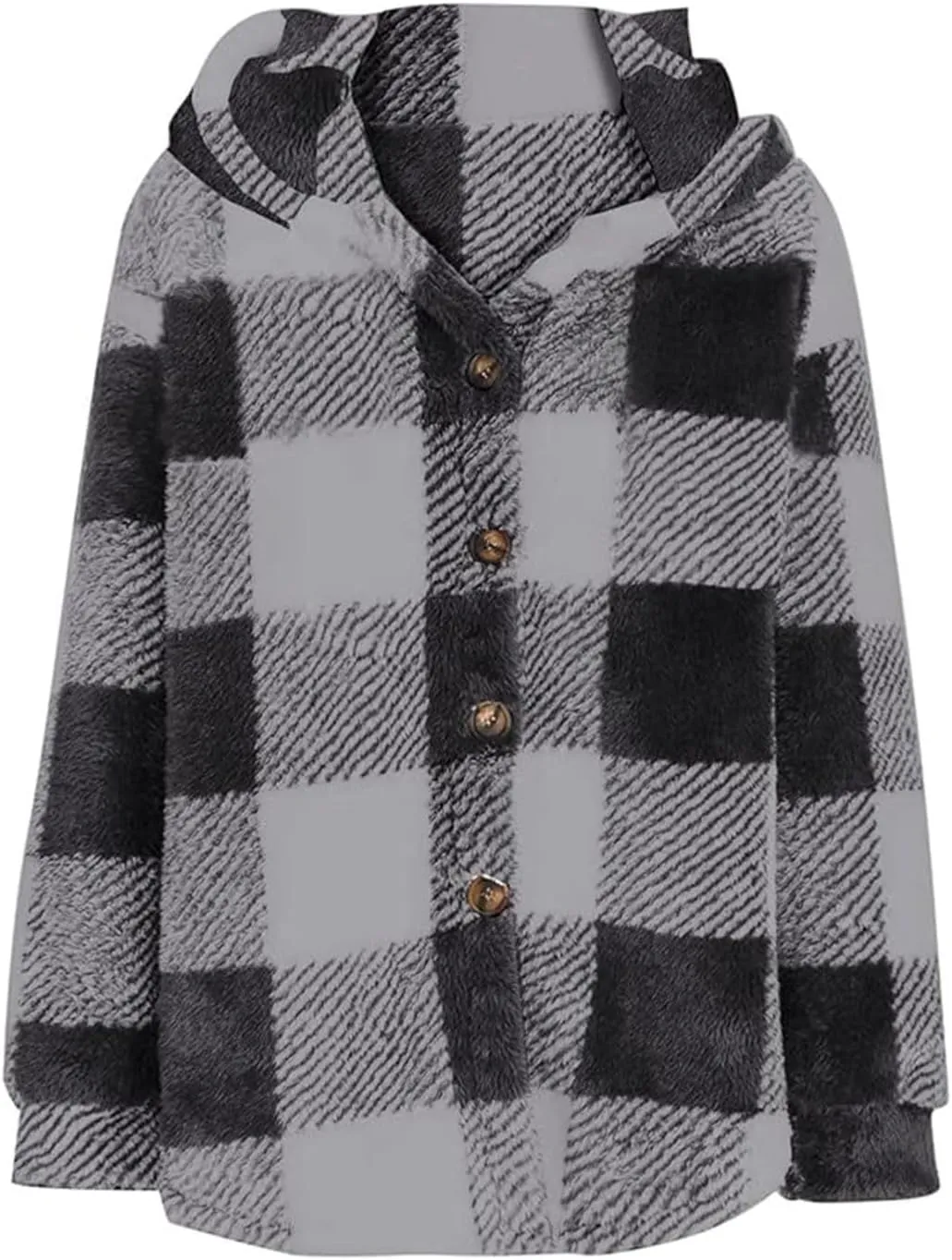 Womens Fuzzy Fleece Plaid Jacket Flannel Hooded Button Down Outerwear Fashion Lightweight Open Front Sherpa Cardigan