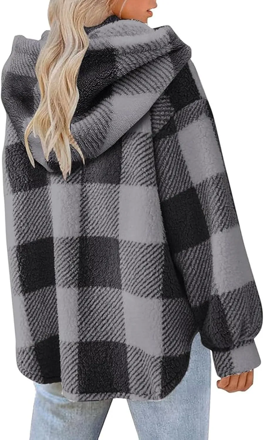 Womens Fuzzy Fleece Plaid Jacket Flannel Hooded Button Down Outerwear Fashion Lightweight Open Front Sherpa Cardigan