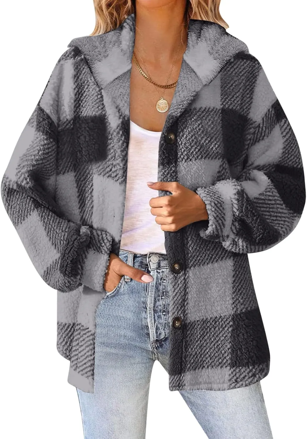 Womens Fuzzy Fleece Plaid Jacket Flannel Hooded Button Down Outerwear Fashion Lightweight Open Front Sherpa Cardigan