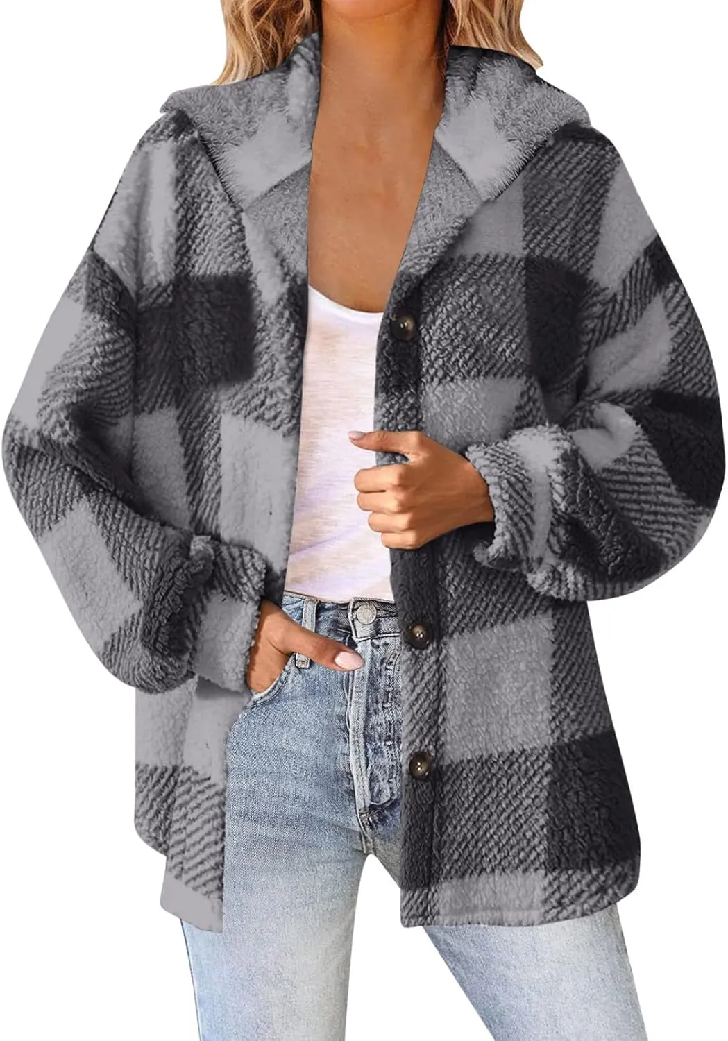 Womens Fuzzy Fleece Plaid Jacket Flannel Hooded Button Down Outerwear Fashion Lightweight Open Front Sherpa Cardigan