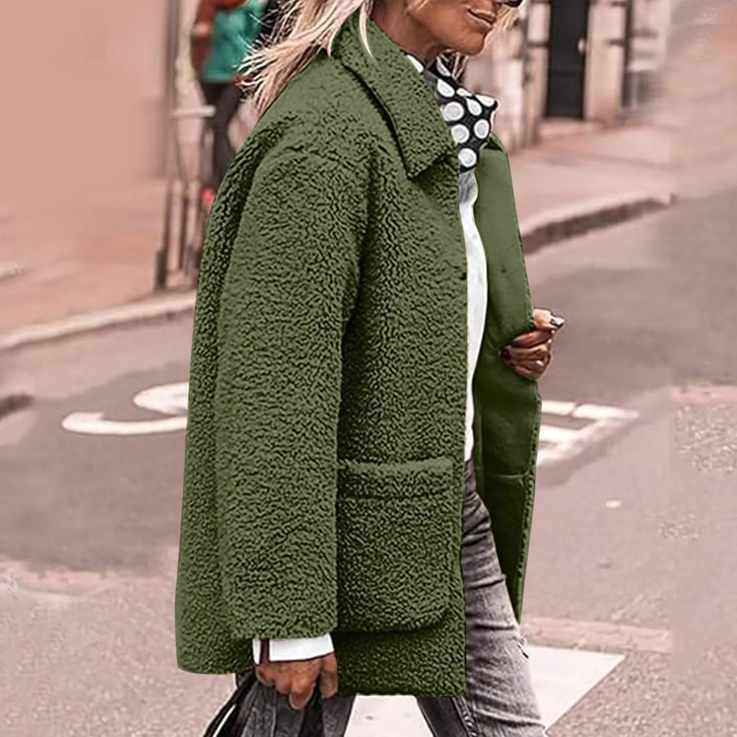 Womens Fuzzy Fleece Trench Coat Plush Sherpa Jacket Collared Button Down Sweater With Pockets Fall Fashion Outerwear