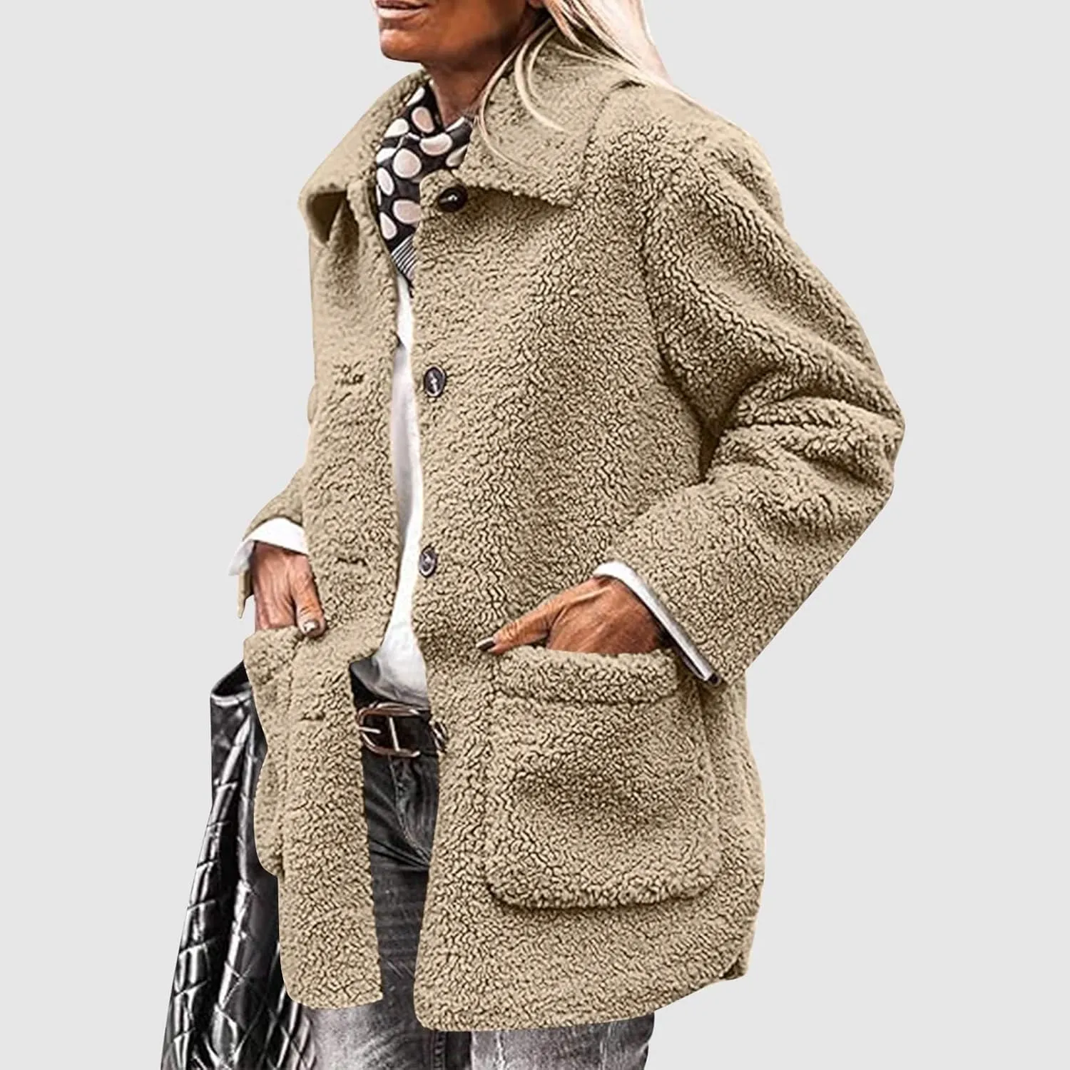 Womens Fuzzy Fleece Trench Coat Plush Sherpa Jacket Collared Button Down Sweater With Pockets Fall Fashion Outerwear
