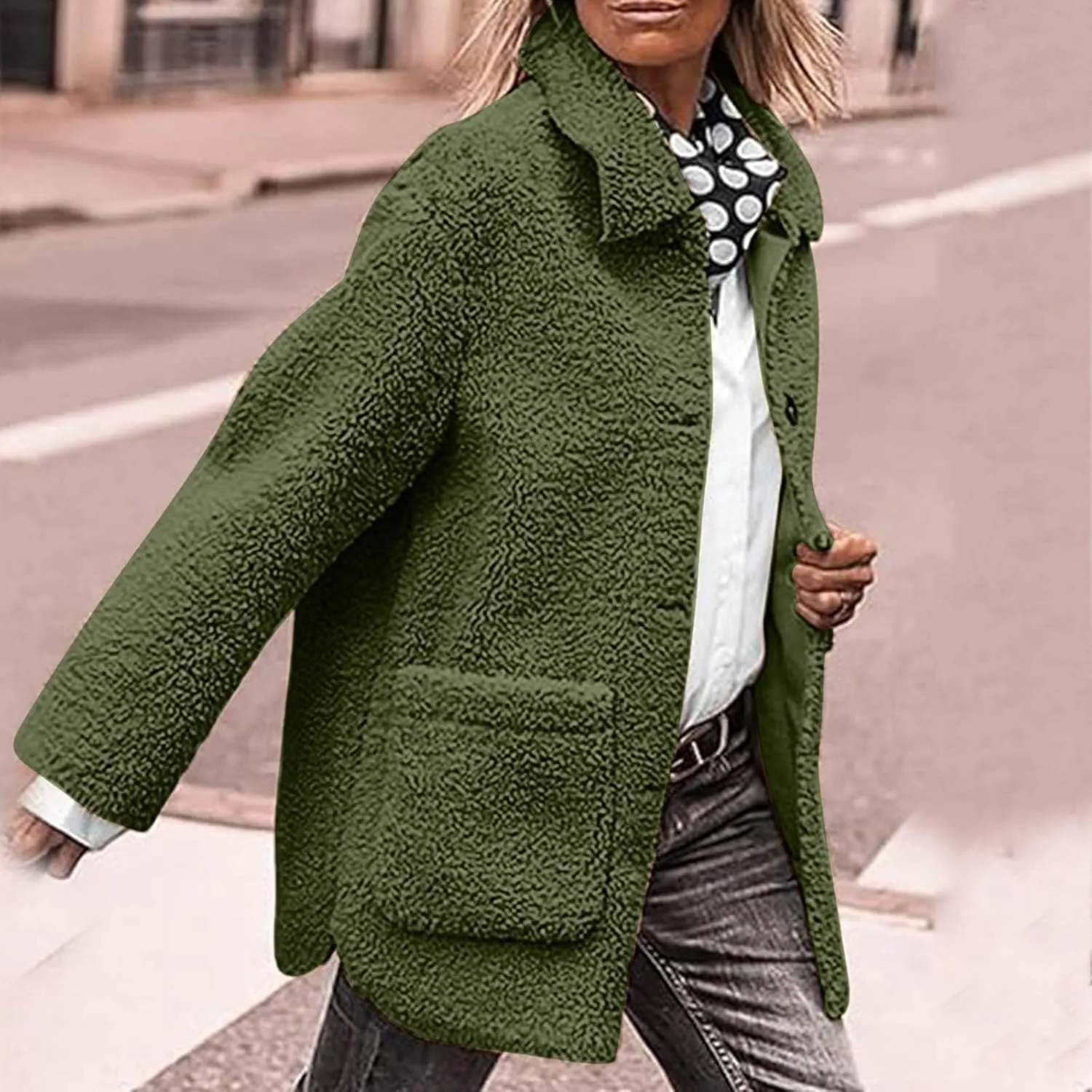 Womens Fuzzy Fleece Trench Coat Plush Sherpa Jacket Collared Button Down Sweater With Pockets Fall Fashion Outerwear