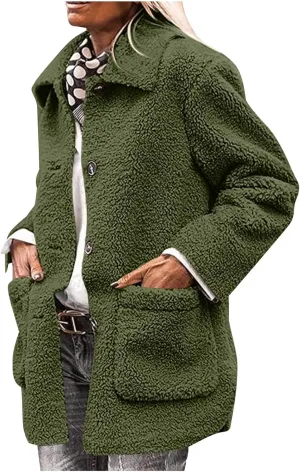Womens Fuzzy Fleece Trench Coat Plush Sherpa Jacket Collared Button Down Sweater With Pockets Fall Fashion Outerwear