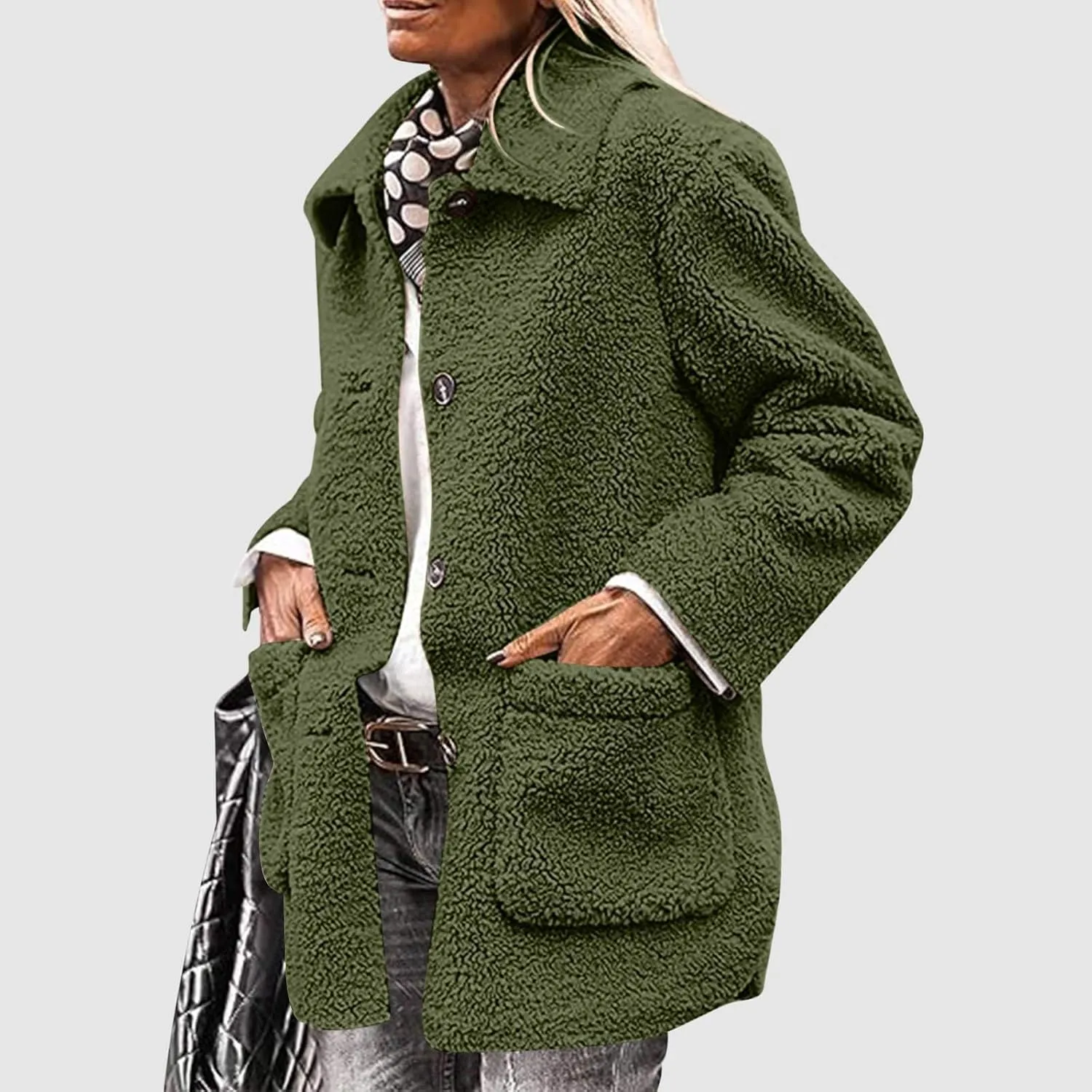 Womens Fuzzy Fleece Trench Coat Plush Sherpa Jacket Collared Button Down Sweater With Pockets Fall Fashion Outerwear