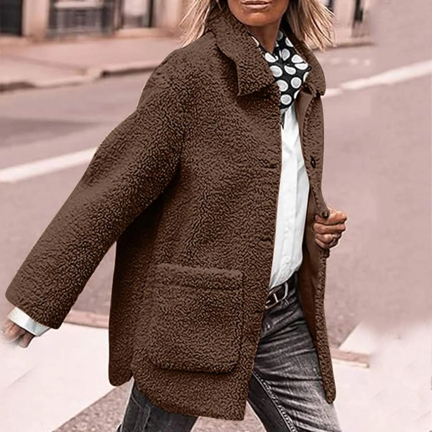 Womens Fuzzy Fleece Trench Coat Plush Sherpa Jacket Collared Button Down Sweater With Pockets Fall Fashion Outerwear