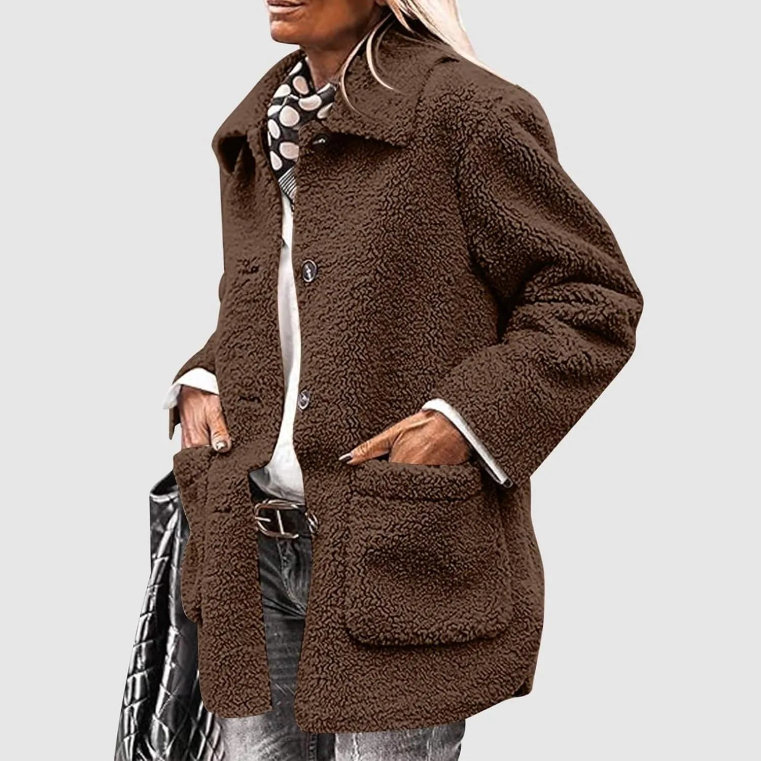 Womens Fuzzy Fleece Trench Coat Plush Sherpa Jacket Collared Button Down Sweater With Pockets Fall Fashion Outerwear