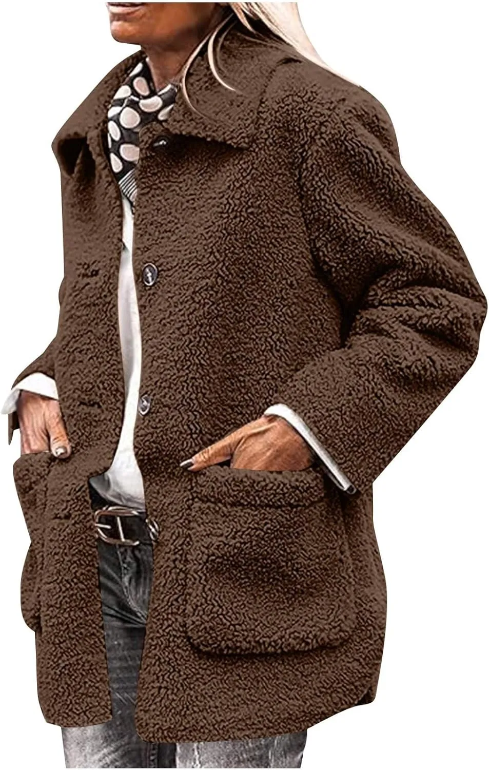 Womens Fuzzy Fleece Trench Coat Plush Sherpa Jacket Collared Button Down Sweater With Pockets Fall Fashion Outerwear