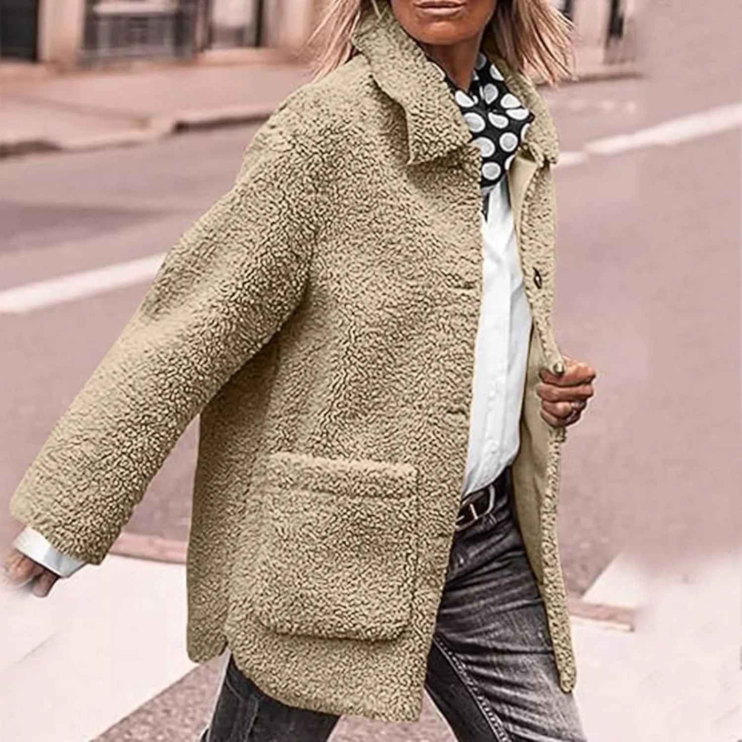 Womens Fuzzy Fleece Trench Coat Plush Sherpa Jacket Collared Button Down Sweater With Pockets Fall Fashion Outerwear