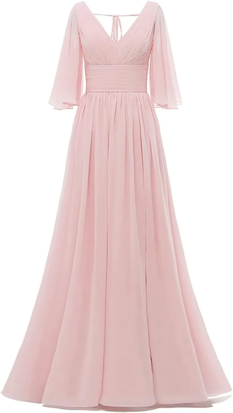 Women's Half Sleeves Bridesmaid Dresses for Wedding Long Chiffon Split Pleated Formal Party Gown with Pockets