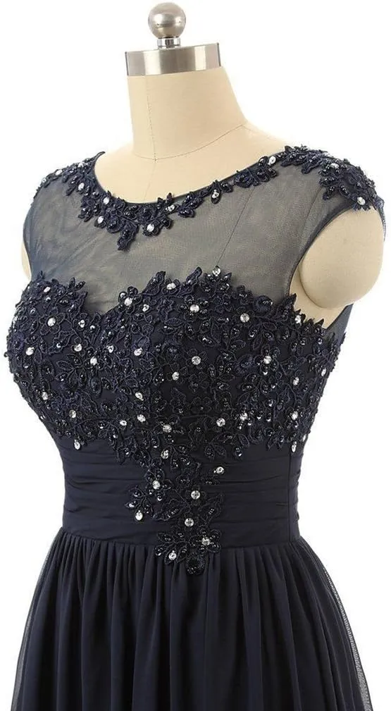 Women's High Neck Lace Applique Chiffon Long Formal Evening Dress
