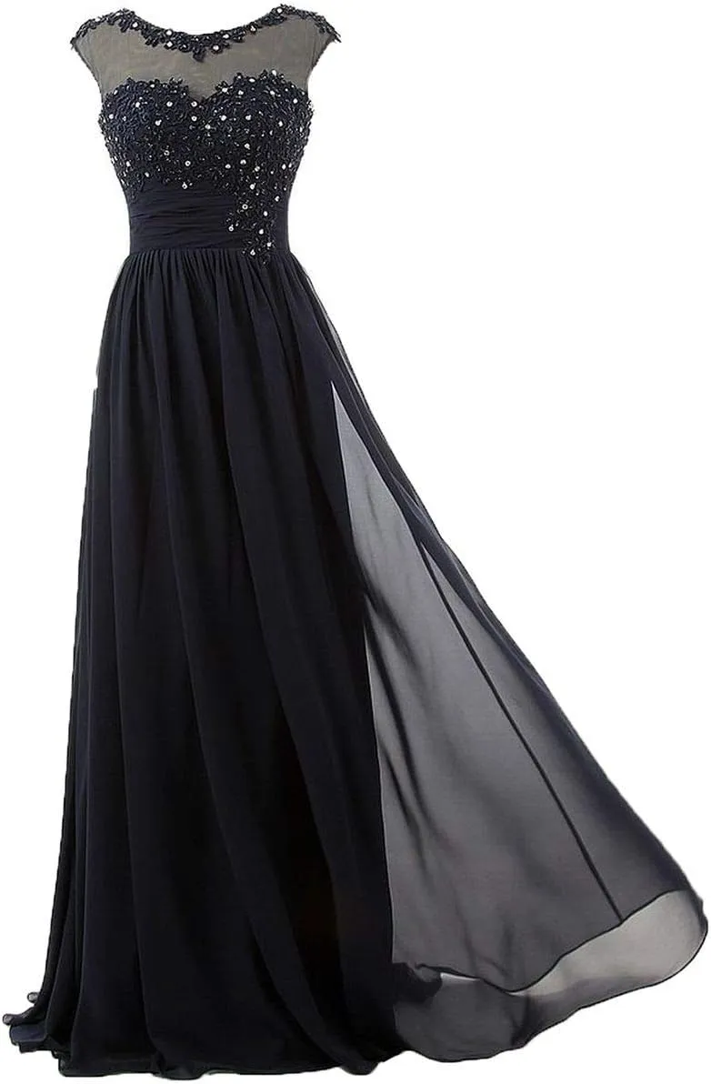 Women's High Neck Lace Applique Chiffon Long Formal Evening Dress