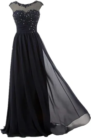 Women's High Neck Lace Applique Chiffon Long Formal Evening Dress