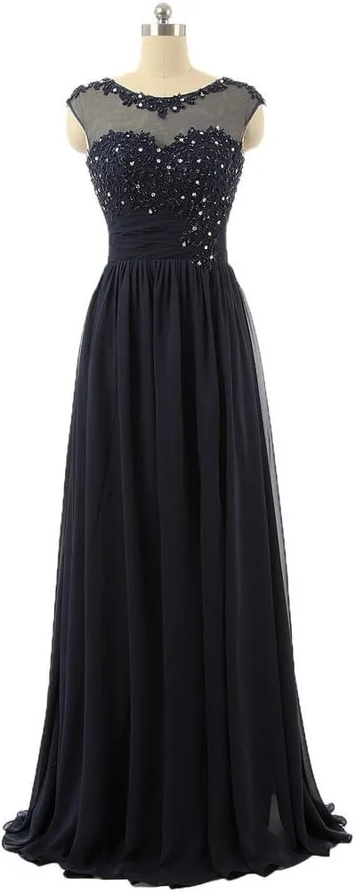Women's High Neck Lace Applique Chiffon Long Formal Evening Dress