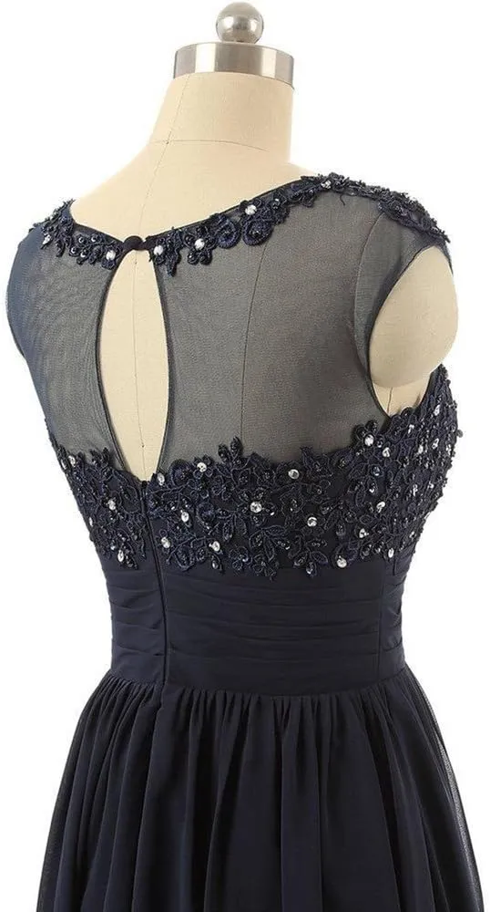 Women's High Neck Lace Applique Chiffon Long Formal Evening Dress