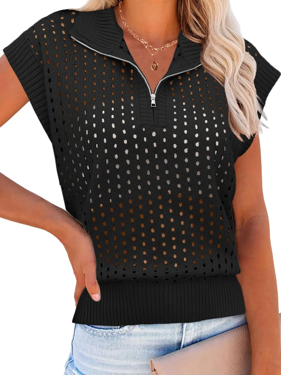 Womens Hollow Out Sweater Vest Summer Casual Quarter Zip Cap Sleeve Crochet Knit Tops