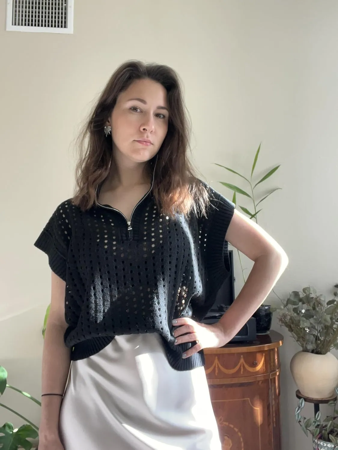 Womens Hollow Out Sweater Vest Summer Casual Quarter Zip Cap Sleeve Crochet Knit Tops
