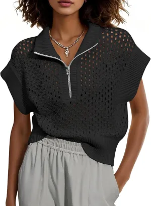 Womens Hollow Out Sweater Vest Summer Casual Quarter Zip Cap Sleeve Crochet Knit Tops