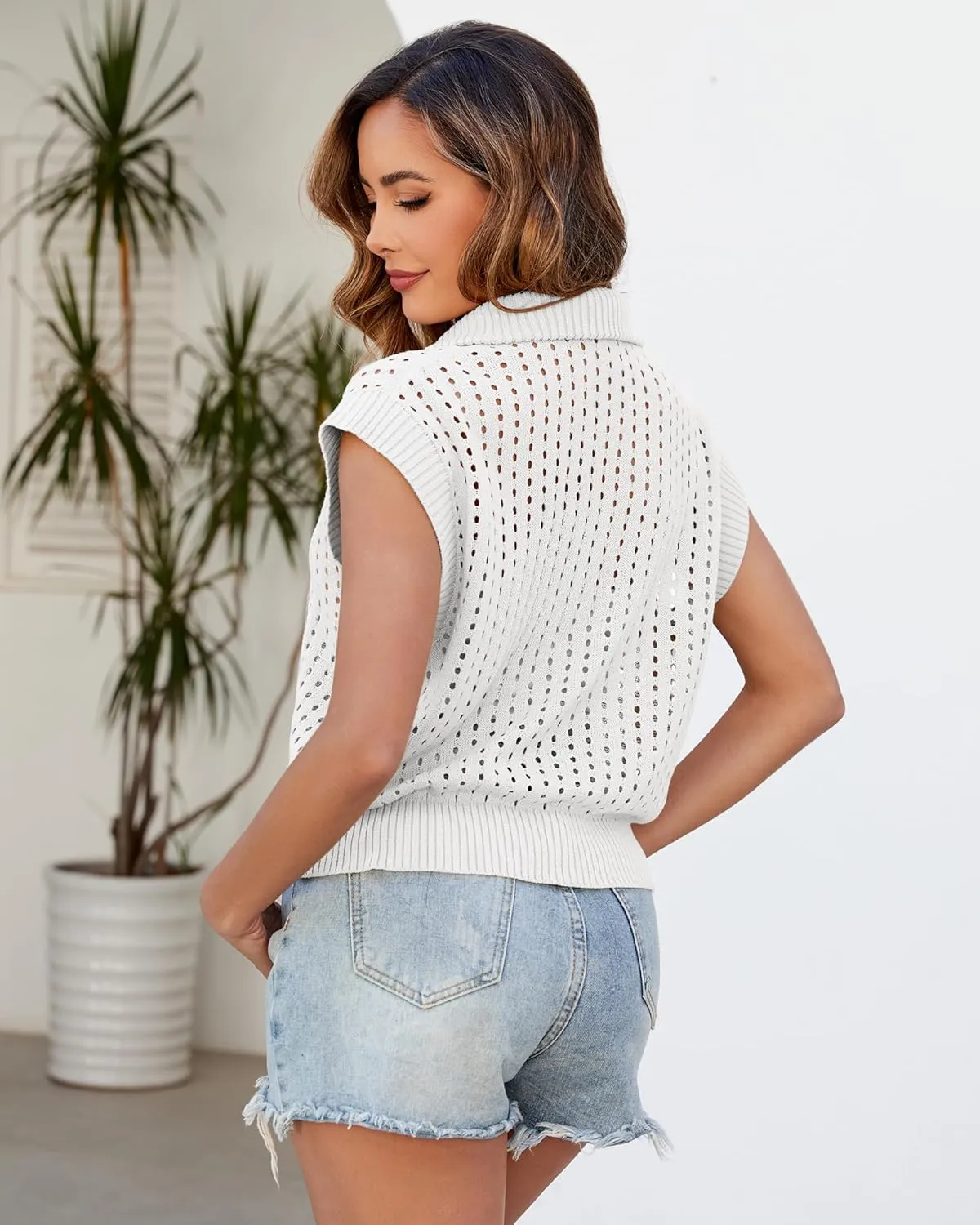 Womens Hollow Out Sweater Vest Summer Casual Quarter Zip Cap Sleeve Crochet Knit Tops