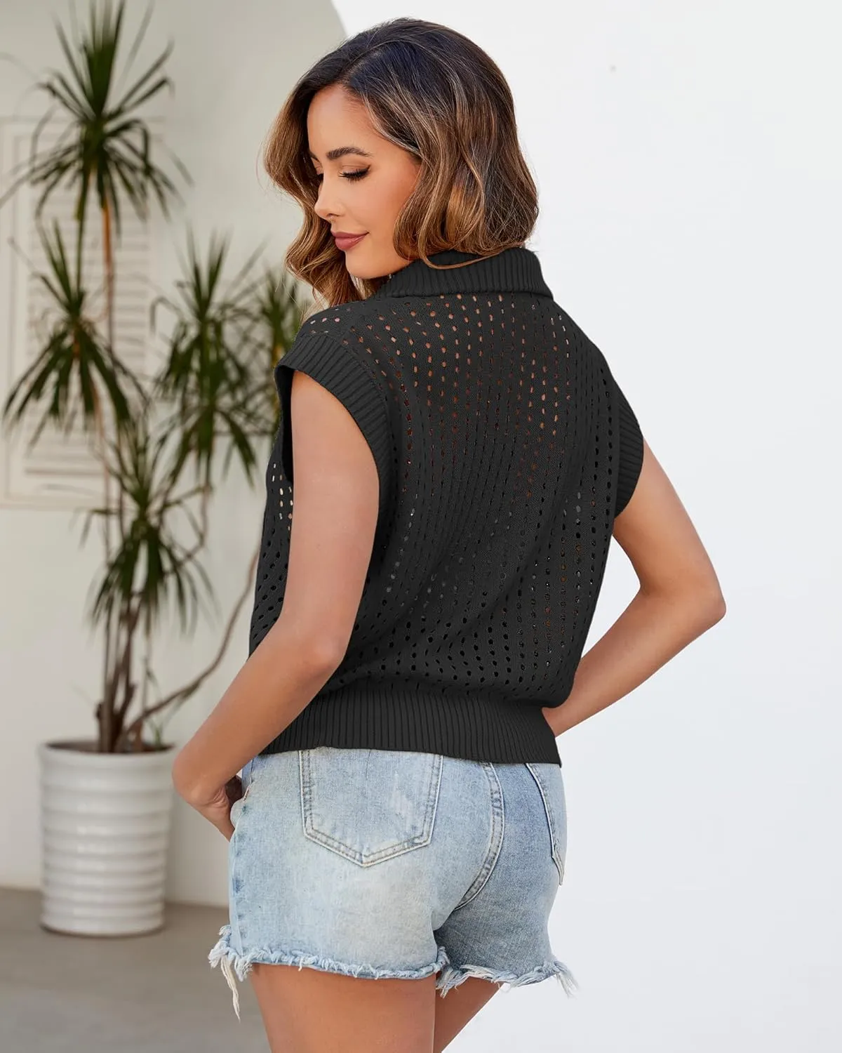 Womens Hollow Out Sweater Vest Summer Casual Quarter Zip Cap Sleeve Crochet Knit Tops
