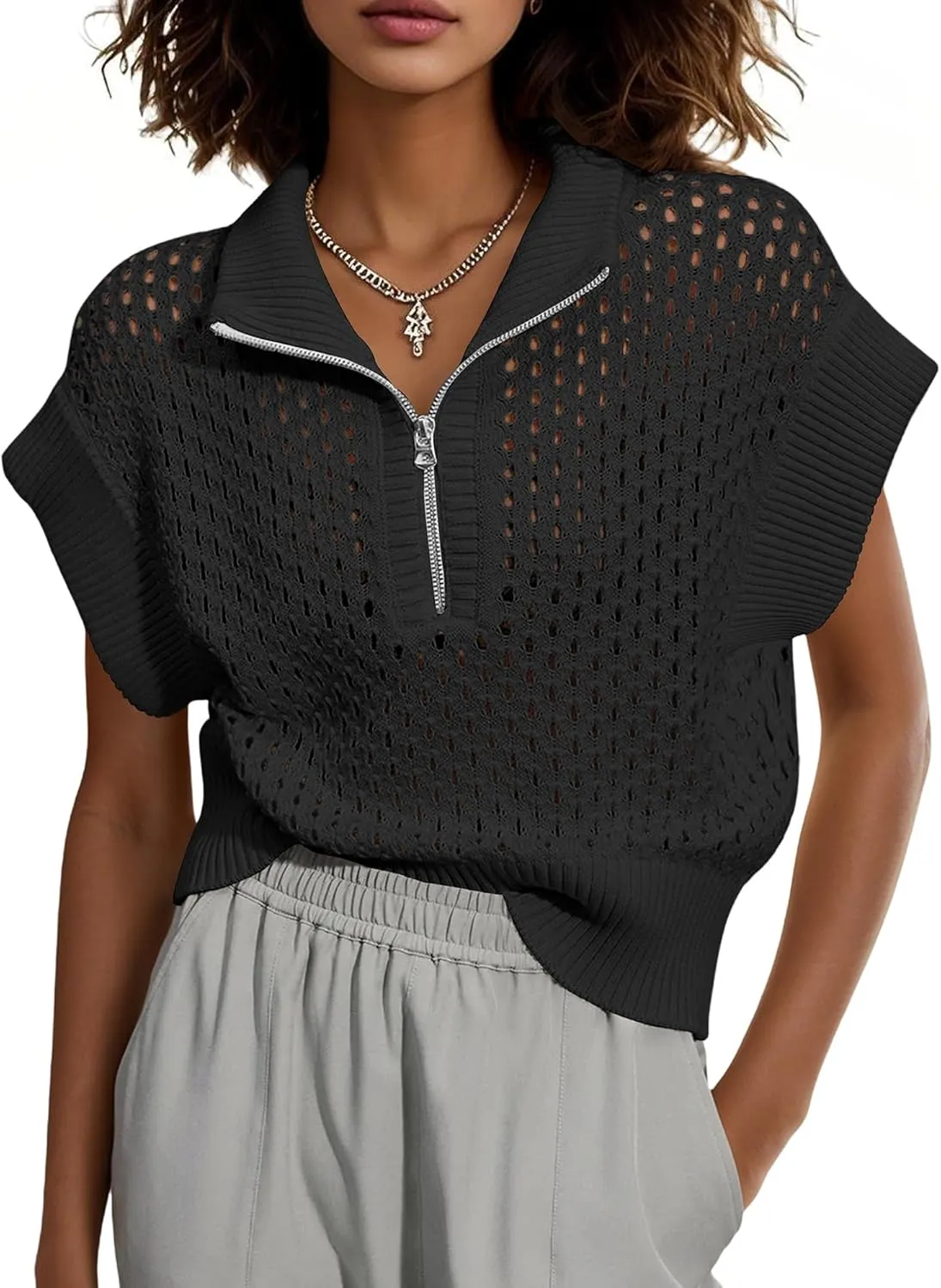 Womens Hollow Out Sweater Vest Summer Casual Quarter Zip Cap Sleeve Crochet Knit Tops