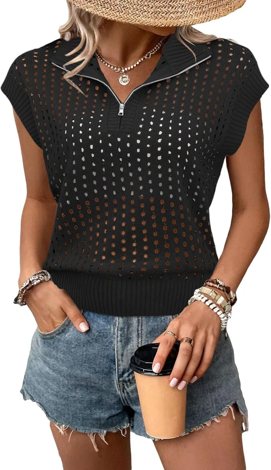 Womens Hollow Out Sweater Vest Summer Casual Quarter Zip Cap Sleeve Crochet Knit Tops