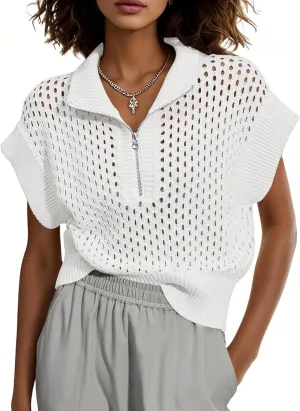 Womens Hollow Out Sweater Vest Summer Casual Quarter Zip Cap Sleeve Crochet Knit Tops