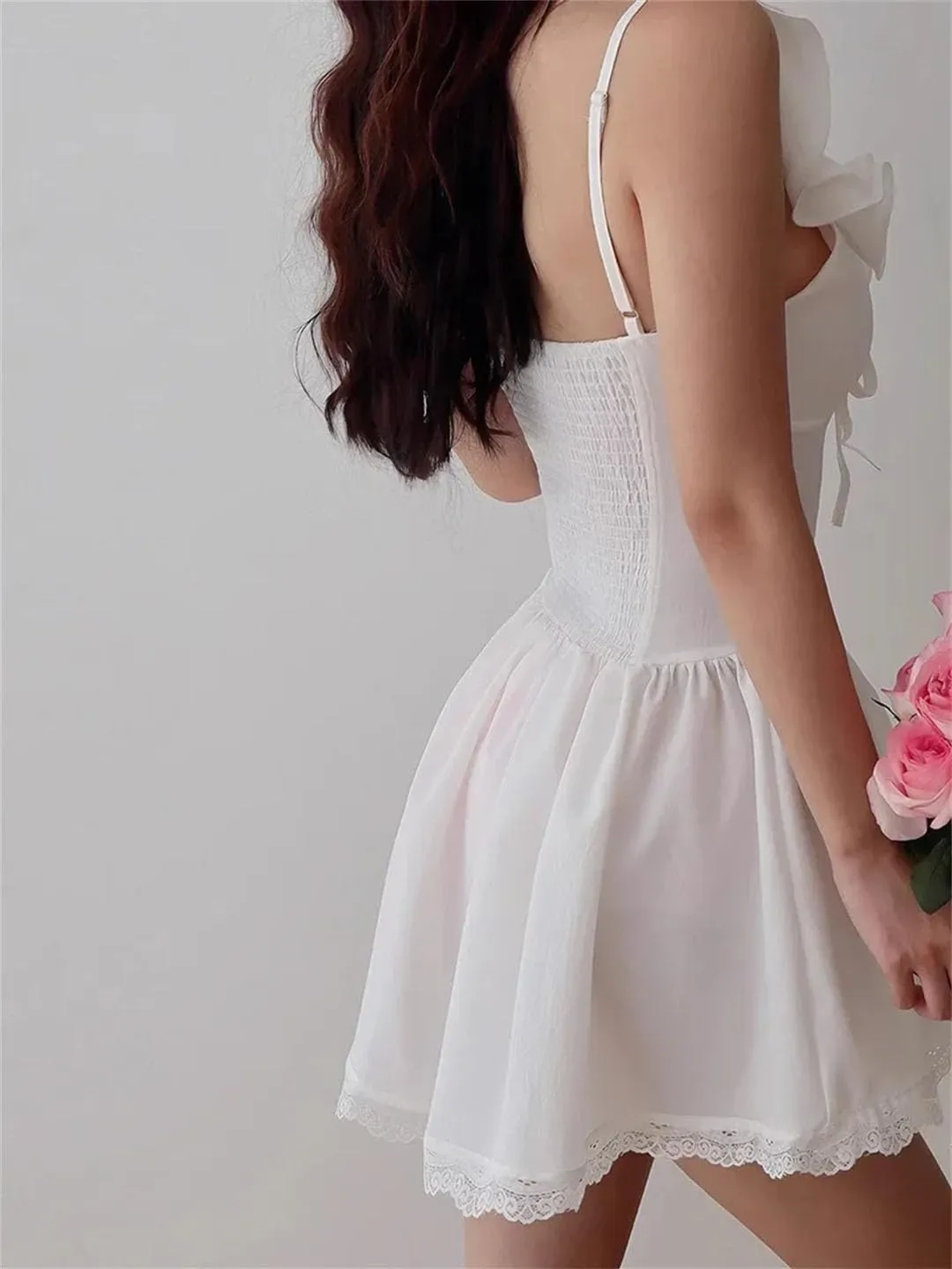 Women's Lace Mini Ruffle Strap Shirred Back Detail Dress