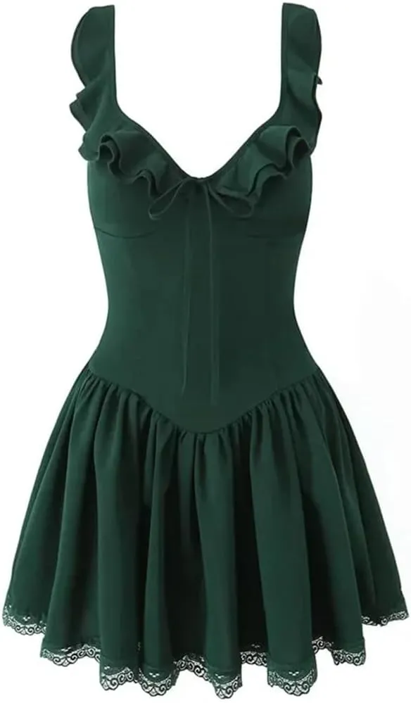Women's Lace Mini Ruffle Strap Shirred Back Detail Dress
