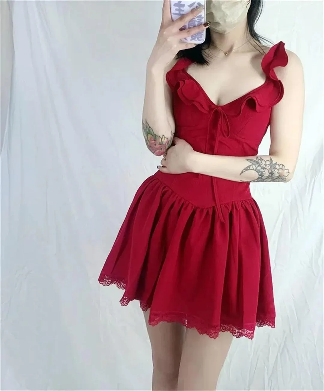 Women's Lace Mini Ruffle Strap Shirred Back Detail Dress