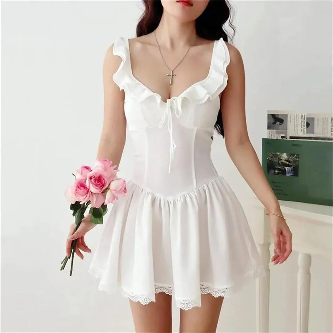 Women's Lace Mini Ruffle Strap Shirred Back Detail Dress