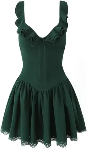 Women's Lace Mini Ruffle Strap Shirred Back Detail Dress