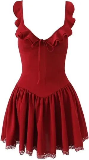 Women's Lace Mini Ruffle Strap Shirred Back Detail Dress