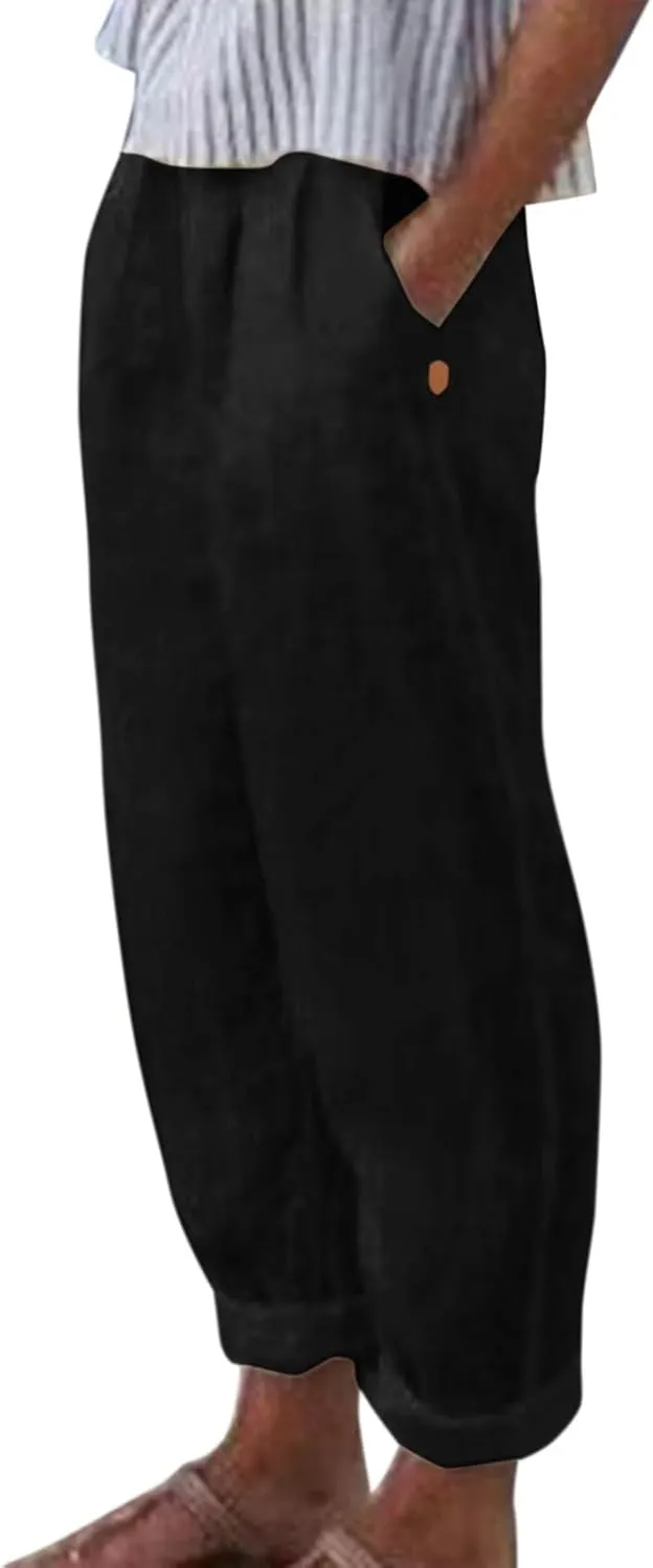 Womens Lightweight Summer Pants Casual Straight Leg Cotton Linen Comfy Elastic Waist Capri Yoga Beach Pants Trousers